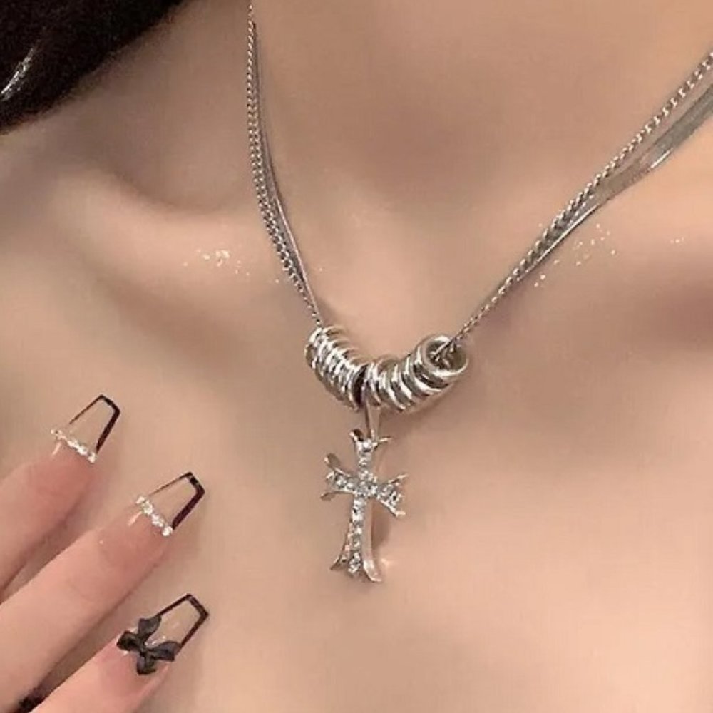 DESIGNER ROCKER CHIC CROSS SILVER/BLACK CRYSTAL LAYERED CHAIN NECKLACE**NEW! - Picture 5 of 5